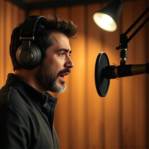 Een acteur die zich concentreert op stem en dictie in een opname studio