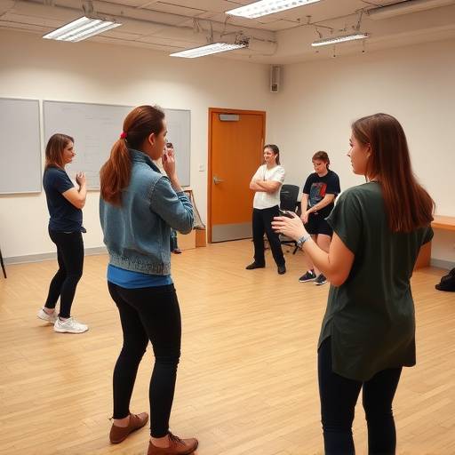 Groep studenten die improvisatieoefeningen doen in een studio