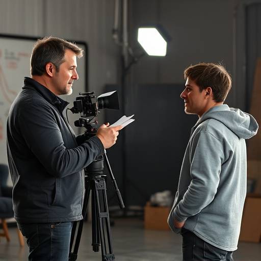 Regisseur die aanwijzingen geeft aan een acteur op een filmset