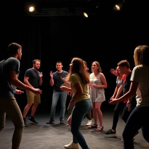 Studenten in een dynamische acteerles, vol concentratie en beweging.