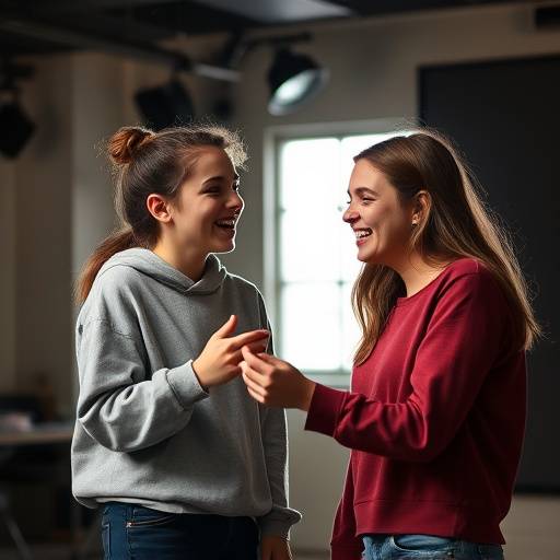 Twee studenten oefenen samen een toneelsc&egrave;ne met plezier.